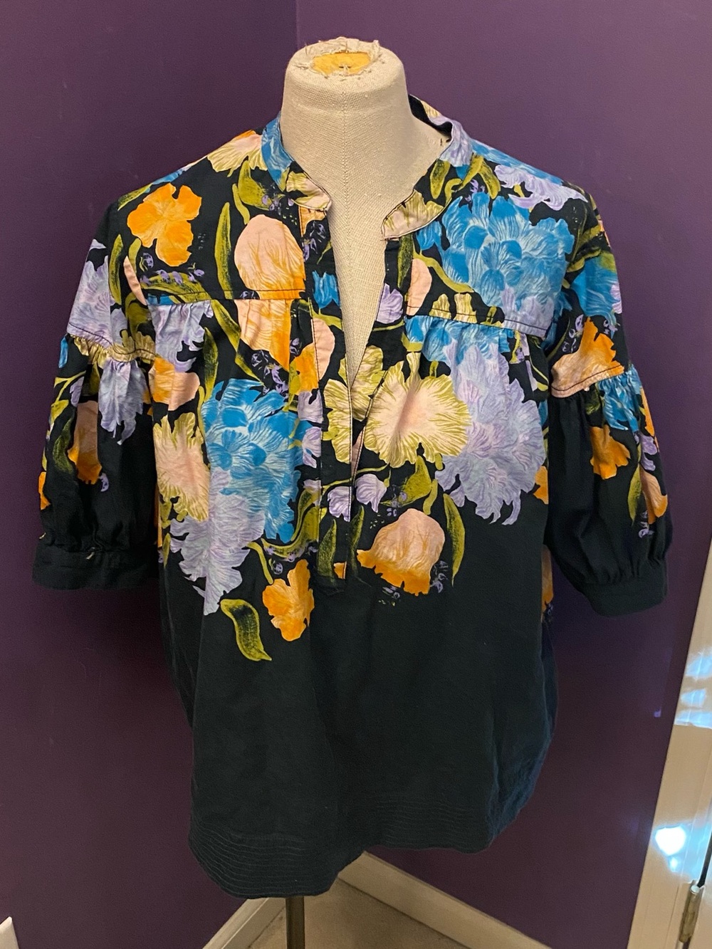 Anthropologie x Yukiko Noritake FLORAL Navy Blue Blouse Top Puff Sleeves XL